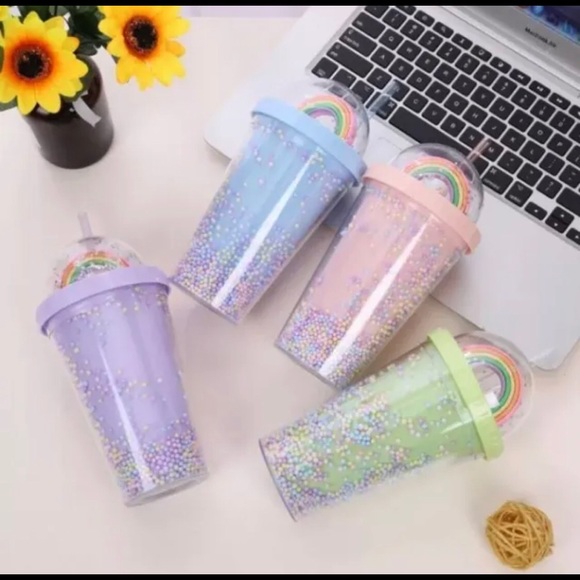 Rainbow Glitter tumbler Double - Layer 15oz Colorful Cold Drink Coffee Cup Straw - Picture 1 of 5